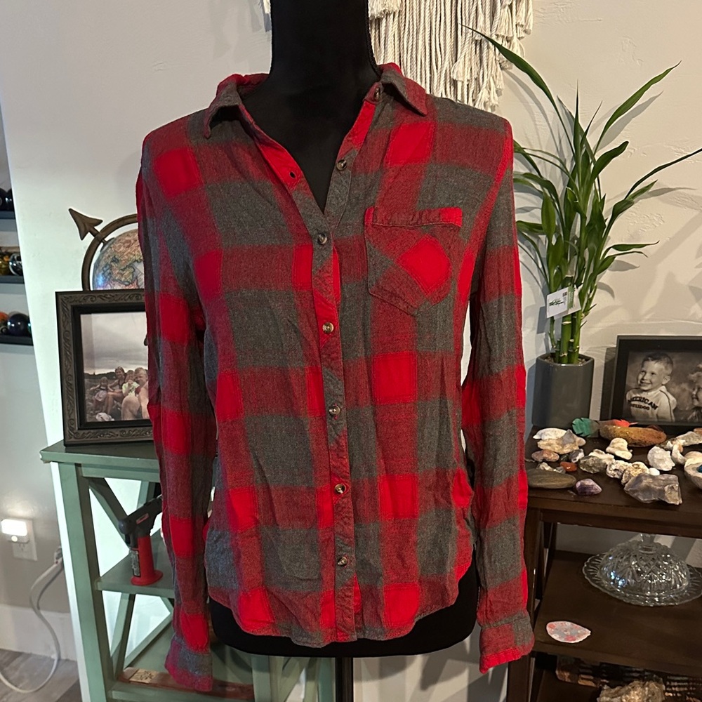 Maurices Red and Gray Plaid Button Down Shirt